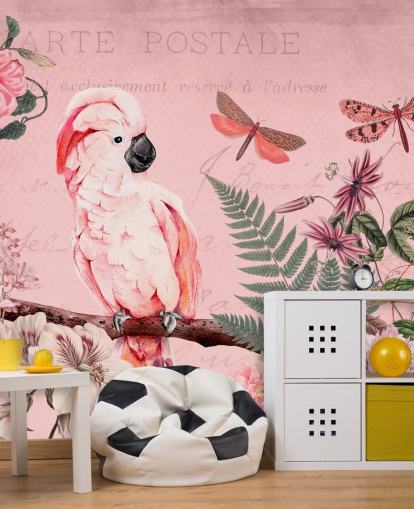 carta da parati murale rosa con cacatua chiamata Spring Garden with Cockatoo di Andrea Haase per camere da letto