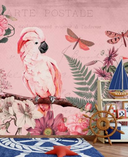 mural de papel de parede de cacatua rosa chamado Spring Garden with Cockatoo de Andrea Haase para quartos