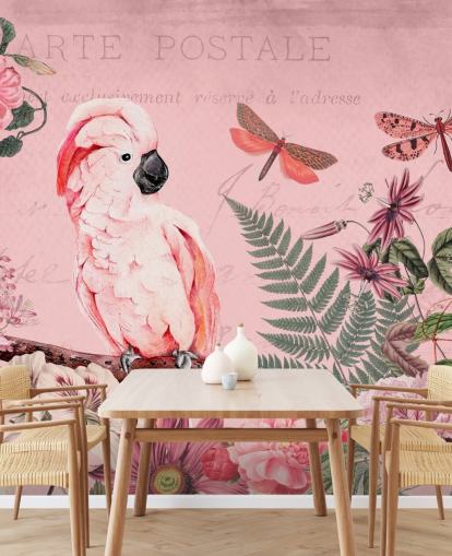 papier peint mural en forme de cacatoès rose appelé Spring Garden with Cockatoo par Andrea Haase pour les chambres