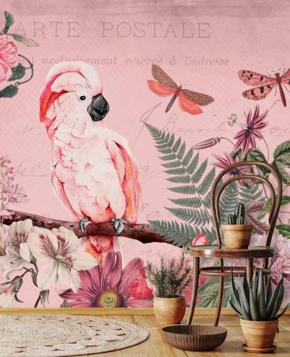 papier peint mural en forme de cacatoès rose appelé Spring Garden with Cockatoo par Andrea Haase pour les chambres