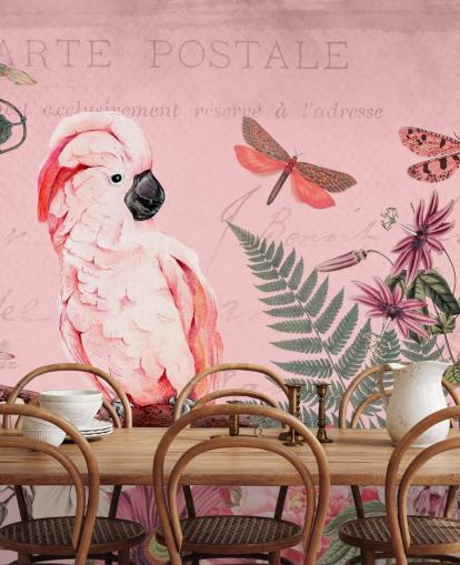lyserød kakadu tapetmaleri kaldet Spring Garden with Cockatoo af Andrea Haase til soveværelser lyserød kakadu tapetmaleri kaldet Spring Garden with Cockatoo af Andrea Haase til soveværelser