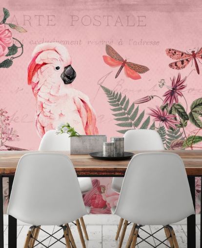 mural de papel pintado de cacatúa rosa llamado Spring Garden with Cockatoo de Andrea Haase para dormitorios