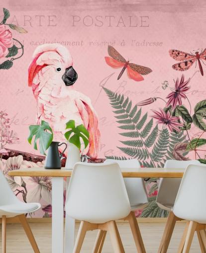 rosafarbenes Kakadu-Tapetenwandbild namens Spring Garden mit Kakadu von Andrea Haase für Schlafzimmer rosafarbenes Kakadu-Tapetenwandbild namens Spring Garden mit Kakadu von Andrea Haase für Schlafzimmer