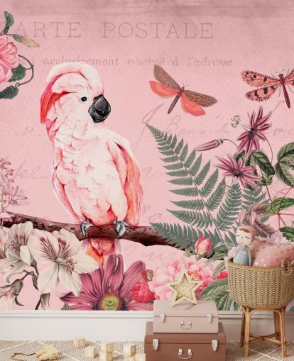 rosafarbenes Kakadu-Tapetenwandbild namens Spring Garden mit Kakadu von Andrea Haase für Schlafzimmer rosafarbenes Kakadu-Tapetenwandbild namens Spring Garden mit Kakadu von Andrea Haase für Schlafzimmer