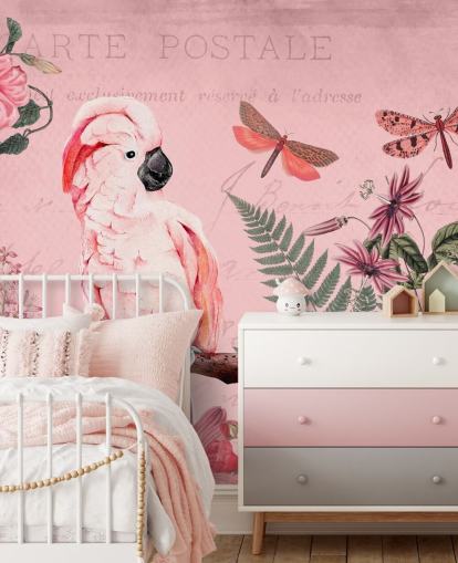 pink cockatoo wallpaper mural called Spring Garden with Cockatoo by Andrea Haase for bedrooms