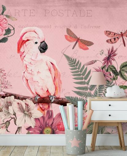 roze kaketoe behangmuurschildering genaamd Spring Garden with Cockatoo van Andrea Haase voor slaapkamers roze kaketoe behangmuurschildering genaamd Spring Garden with Cockatoo van Andrea Haase voor slaapkamers