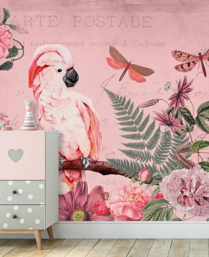 pink cockatoo wallpaper mural called Spring Garden with Cockatoo by Andrea Haase for bedrooms