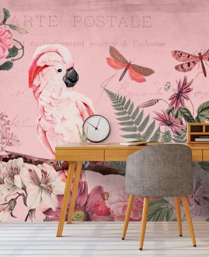 carta da parati murale rosa con cacatua chiamata Spring Garden with Cockatoo di Andrea Haase per camere da letto