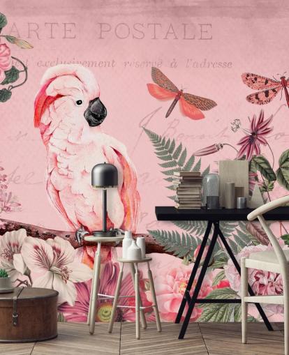 papier peint mural en forme de cacatoès rose appelé Spring Garden with Cockatoo par Andrea Haase pour les chambres