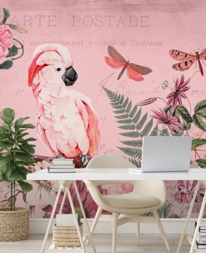 mural de papel pintado de cacatúa rosa llamado Spring Garden with Cockatoo de Andrea Haase para dormitorios mural de papel pintado de cacatúa rosa llamado Spring Garden with Cockatoo de Andrea Haase para dormitorios