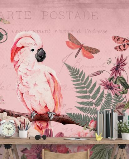 mural de papel pintado de cacatúa rosa llamado Spring Garden with Cockatoo de Andrea Haase para dormitorios mural de papel pintado de cacatúa rosa llamado Spring Garden with Cockatoo de Andrea Haase para dormitorios