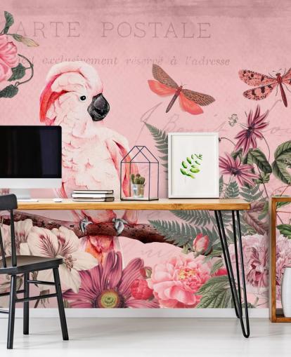 rosafarbenes Kakadu-Tapetenwandbild namens Spring Garden mit Kakadu von Andrea Haase für Schlafzimmer