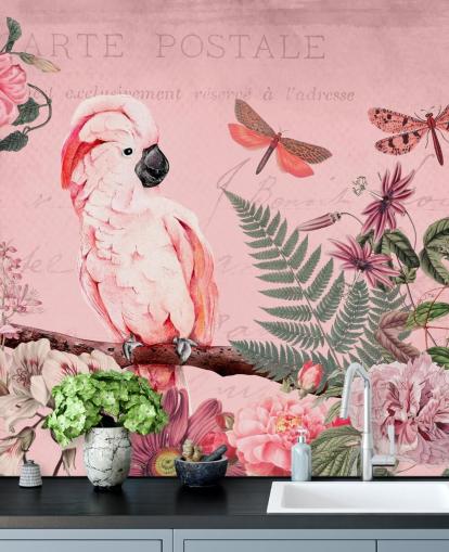 roze kaketoe behangmuurschildering genaamd Spring Garden with Cockatoo van Andrea Haase voor slaapkamers roze kaketoe behangmuurschildering genaamd Spring Garden with Cockatoo van Andrea Haase voor slaapkamers