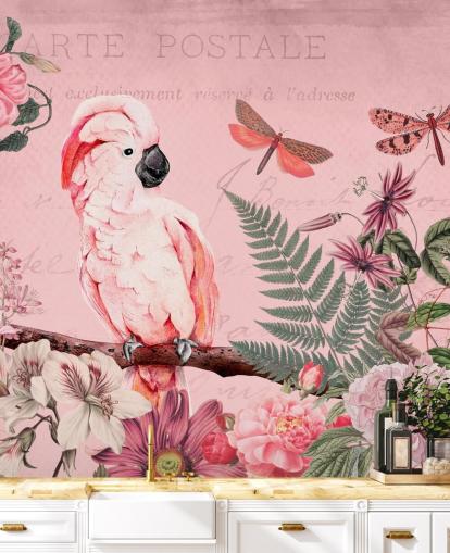 mural de papel pintado de cacatúa rosa llamado Spring Garden with Cockatoo de Andrea Haase para dormitorios