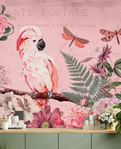 mural de papel de parede de cacatua rosa chamado Spring Garden with Cockatoo de Andrea Haase para quartos