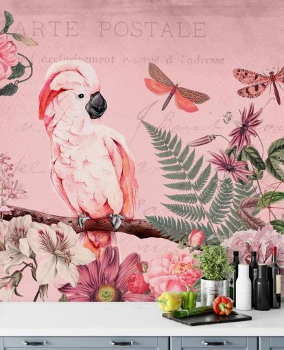pink cockatoo wallpaper mural called Spring Garden with Cockatoo by Andrea Haase for bedrooms