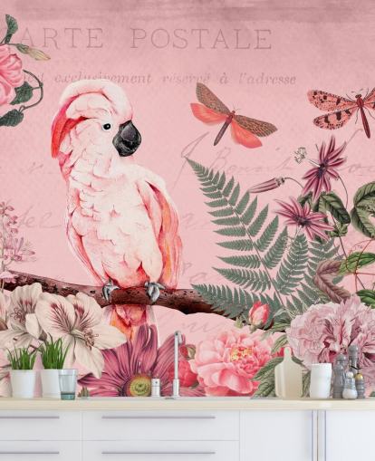 pink cockatoo wallpaper mural called Spring Garden with Cockatoo by Andrea Haase for bedrooms