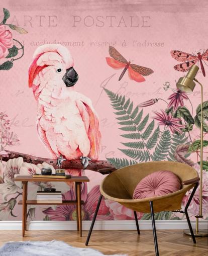 mural de papel pintado de cacatúa rosa llamado Spring Garden with Cockatoo de Andrea Haase para dormitorios