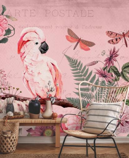 rosa kakadu tapetväggmålning som heter Spring Garden with Cockatoo av Andrea Haase för sovrum