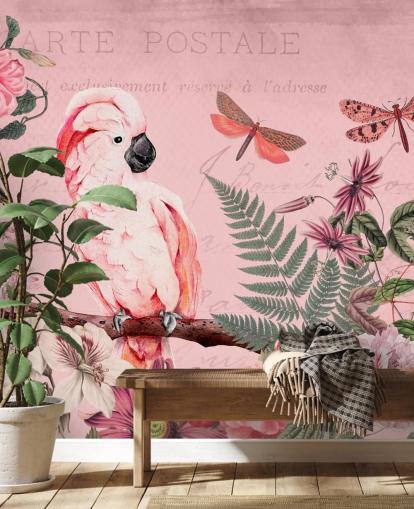 roze kaketoe behangmuurschildering genaamd Spring Garden with Cockatoo van Andrea Haase voor slaapkamers