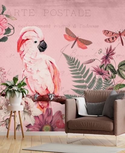 carta da parati murale rosa con cacatua chiamata Spring Garden with Cockatoo di Andrea Haase per camere da letto carta da parati murale rosa con cacatua chiamata Spring Garden with Cockatoo di Andrea Haase per camere da letto