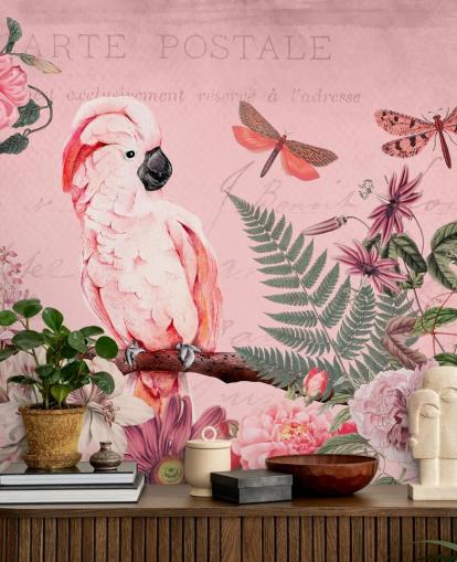 Andrea Haasen vaaleanpunainen kakadu-taustakuvamaalaus nimeltä Spring Garden with Cockatoo makuuhuoneisiin Andrea Haasen vaaleanpunainen kakadu-taustakuvamaalaus nimeltä Spring Garden with Cockatoo makuuhuoneisiin