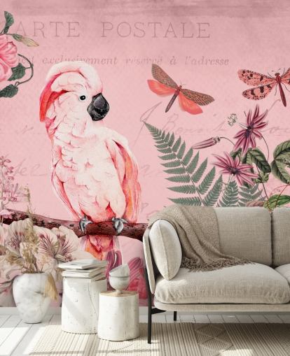 pink cockatoo wallpaper mural called Spring Garden with Cockatoo by Andrea Haase for bedrooms