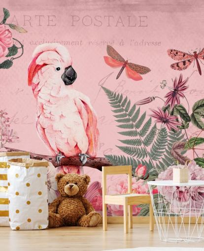 mural de papel pintado de cacatúa rosa llamado Spring Garden with Cockatoo de Andrea Haase para dormitorios