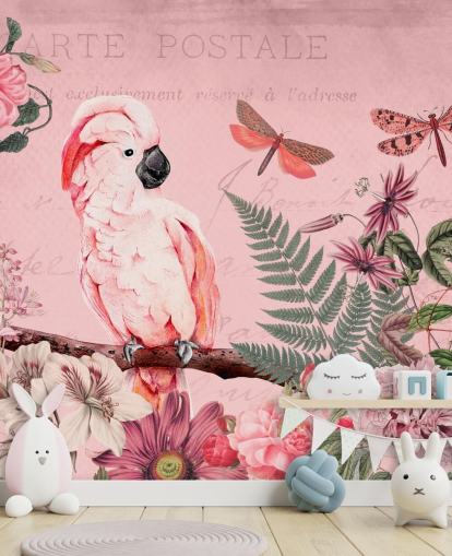 carta da parati murale rosa con cacatua chiamata Spring Garden with Cockatoo di Andrea Haase per camere da letto carta da parati murale rosa con cacatua chiamata Spring Garden with Cockatoo di Andrea Haase per camere da letto