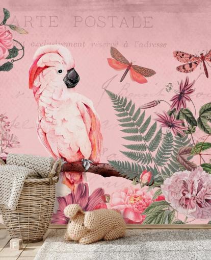 pink cockatoo wallpaper mural called Spring Garden with Cockatoo by Andrea Haase for bedrooms