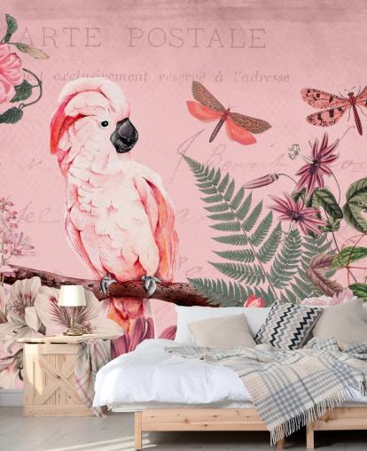 lyserød kakadu tapetmaleri kaldet Spring Garden with Cockatoo af Andrea Haase til soveværelser lyserød kakadu tapetmaleri kaldet Spring Garden with Cockatoo af Andrea Haase til soveværelser