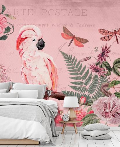 roze kaketoe behangmuurschildering genaamd Spring Garden with Cockatoo van Andrea Haase voor slaapkamers