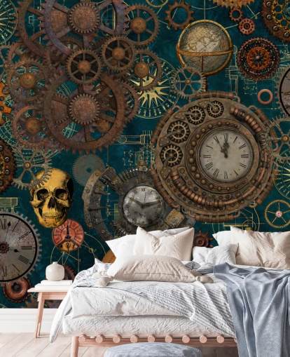 Tapete mit alten Zahnrädern und Totenköpfen Tapete mit alten Zahnrädern und Totenköpfen