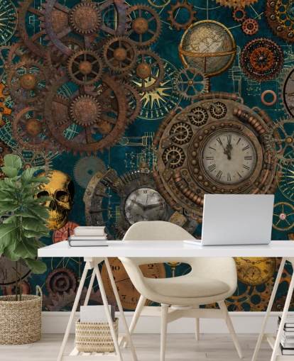 oude tandwielen en schedels behang