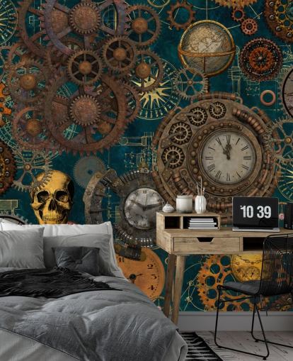 oude tandwielen en schedels behang