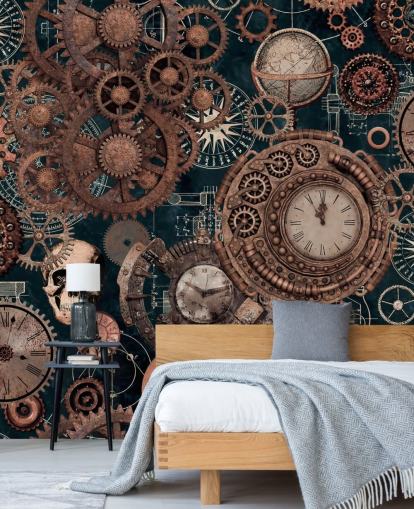 copper cogs and skulls wallpaper mural called Copper Steampunk by Andrea Haase for bedrooms