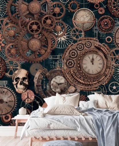mural de papel de parede de engrenagens e caveiras de cobre chamado Copper Steampunk de Andrea Haase para quartos