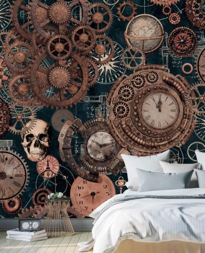 mural de papel pintado de engranajes y calaveras de cobre llamado Copper Steampunk de Andrea Haase para dormitorios