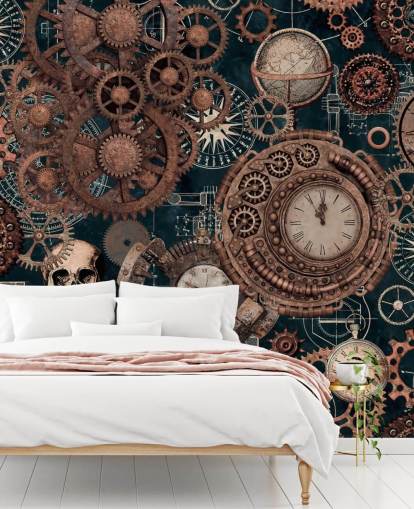 copper cogs and skulls wallpaper mural called Copper Steampunk by Andrea Haase for bedrooms