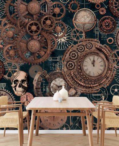 mural de papel pintado de engranajes y calaveras de cobre llamado Copper Steampunk de Andrea Haase para dormitorios