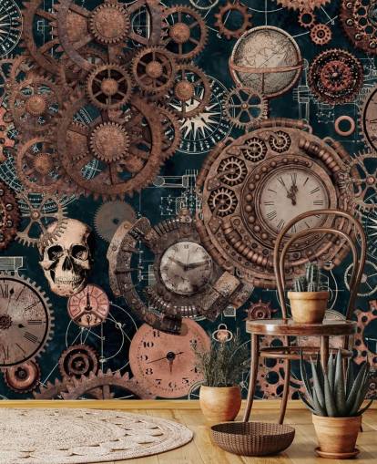 copper cogs and skulls wallpaper mural called Copper Steampunk by Andrea Haase for bedrooms