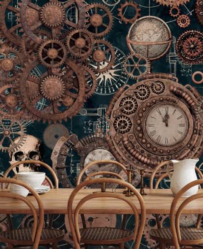 mural de papel de parede de engrenagens e caveiras de cobre chamado Copper Steampunk de Andrea Haase para quartos mural de papel de parede de engrenagens e caveiras de cobre chamado Copper Steampunk de Andrea Haase para quartos