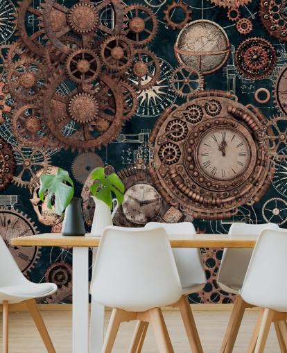 mural de papel de parede de engrenagens e caveiras de cobre chamado Copper Steampunk de Andrea Haase para quartos