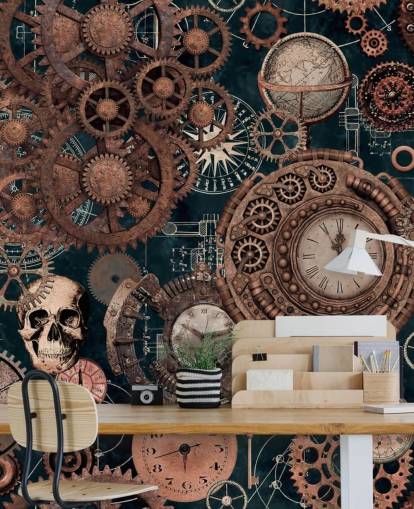 copper cogs and skulls wallpaper mural called Copper Steampunk by Andrea Haase for bedrooms
