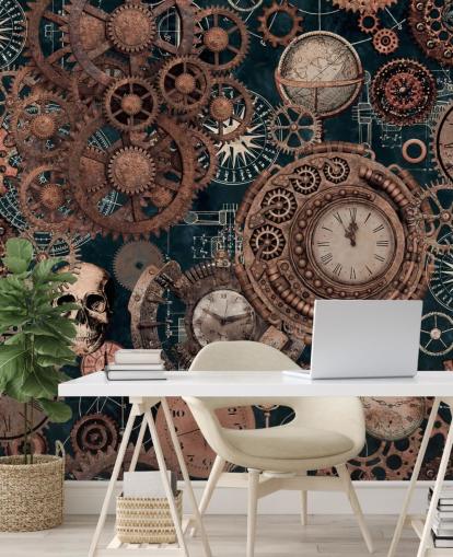 copper cogs and skulls wallpaper mural called Copper Steampunk by Andrea Haase for bedrooms