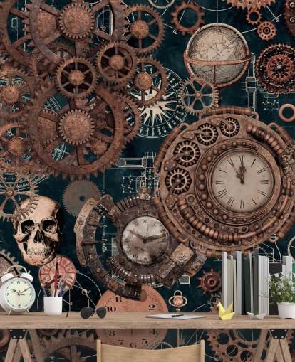 kobberhjul og kranier tapetmaleri kaldet Copper Steampunk af Andrea Haase til soveværelser