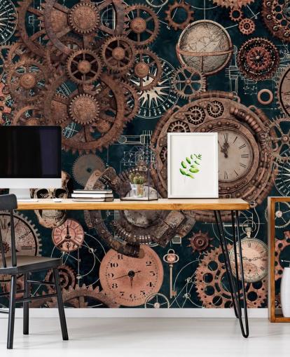 kobber tannhjul og hodeskaller tapetmaleri kalt Copper Steampunk av Andrea Haase for soverom