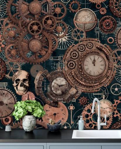 koperen radertjes en schedels behangmuurschildering genaamd Copper Steampunk van Andrea Haase voor slaapkamers