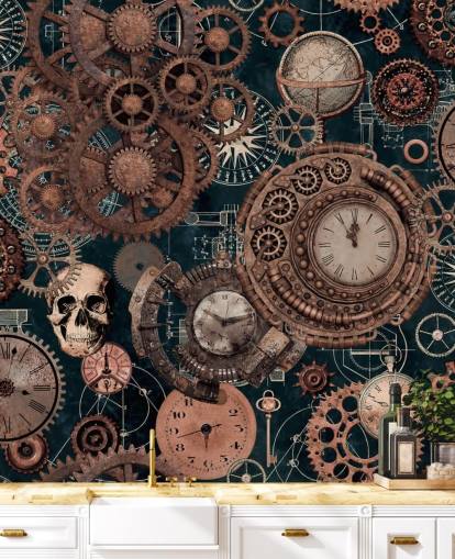 mural de papel pintado de engranajes y calaveras de cobre llamado Copper Steampunk de Andrea Haase para dormitorios mural de papel pintado de engranajes y calaveras de cobre llamado Copper Steampunk de Andrea Haase para dormitorios