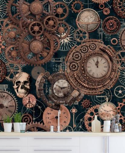 copper cogs and skulls wallpaper mural called Copper Steampunk by Andrea Haase for bedrooms